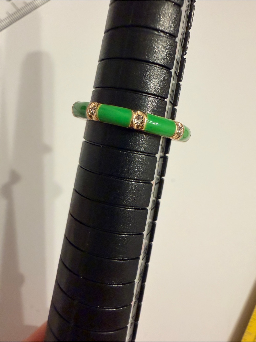 Fornash Signed Green Enamel Eternity Ring Gold Tone Rhinestone Band Size 6